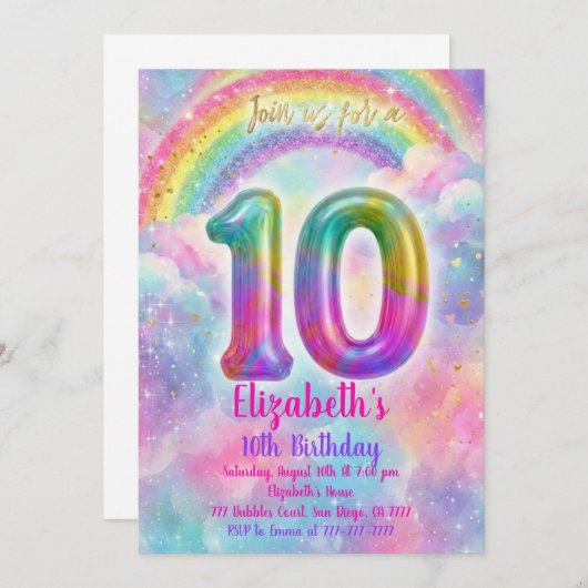 Balloons Birthday 10th Birthday  招待状 (正面/裏面)