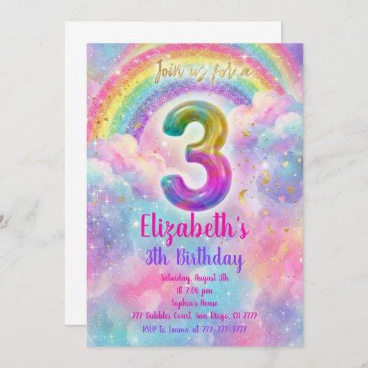 Balloons Birthday 3th Birthday  招待状 (正面/裏面)