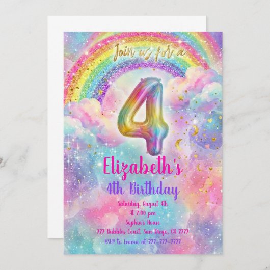 Balloons Birthday 4th Birthday  招待状 (正面/裏面)