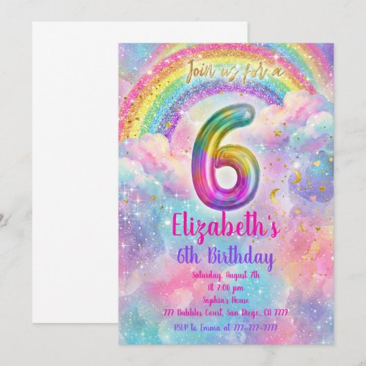 Balloons Birthday 6th Birthday  招待状 (正面/裏面)