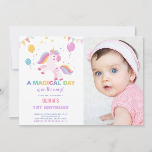 Balloons Flags Unicorns誕生日招待状写真 招待状 (正面)