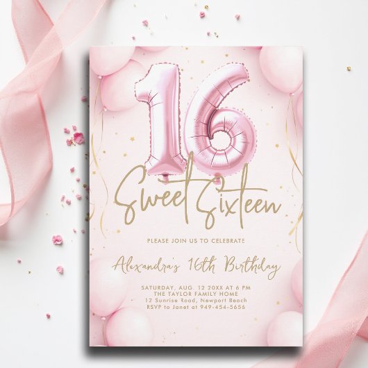 Balloons Girly Pink Calligraphy Elegant Sweet 16 招待状