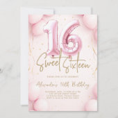 Balloons Girly Pink Calligraphy Elegant Sweet 16 招待状 (正面)