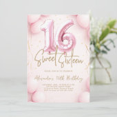 Balloons Girly Pink Calligraphy Elegant Sweet 16 招待状 (スタンド正面)