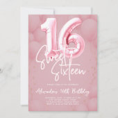Balloons Pink Blush Modern Calligraphy Sweet 16 招待状 (正面)