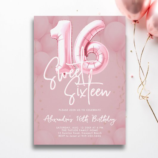 Balloons Pink Blush Modern Calligraphy Sweet 16 招待状