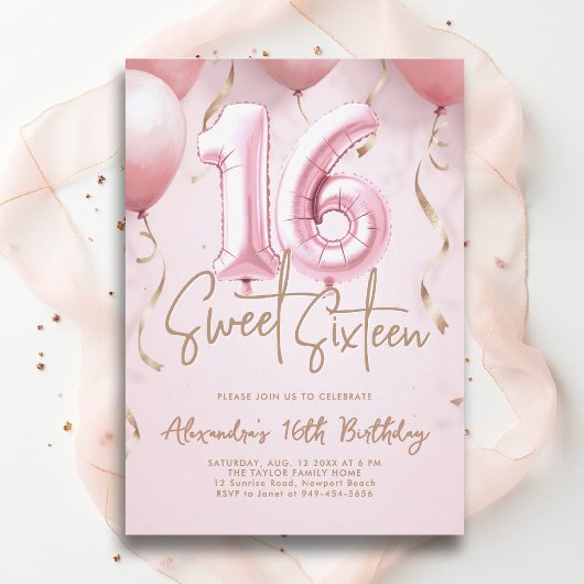 Balloons Pink Gold Modern Calligraphy Sweet 16 招待状