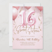 Balloons Pink Gold Modern Calligraphy Sweet 16 招待状 (正面)