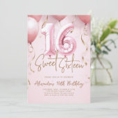 Balloons Pink Gold Modern Calligraphy Sweet 16 招待状 (スタンド正面)