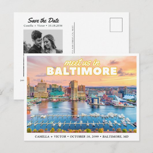 Baltimore Save the Date Retro Skyline Postcard ポストカード (正面/裏面)