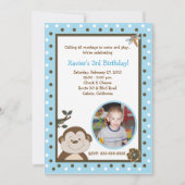 Bambino Monkey 5x7青い写真誕生日 招待状 (正面)