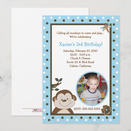Bambino Monkey 5x7青い写真誕生日 招待状 (正面/裏面)