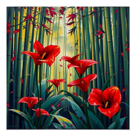 bamboo forest with red callas ポスター (正面)