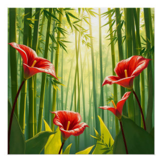 bamboo forest with red callas ポスター