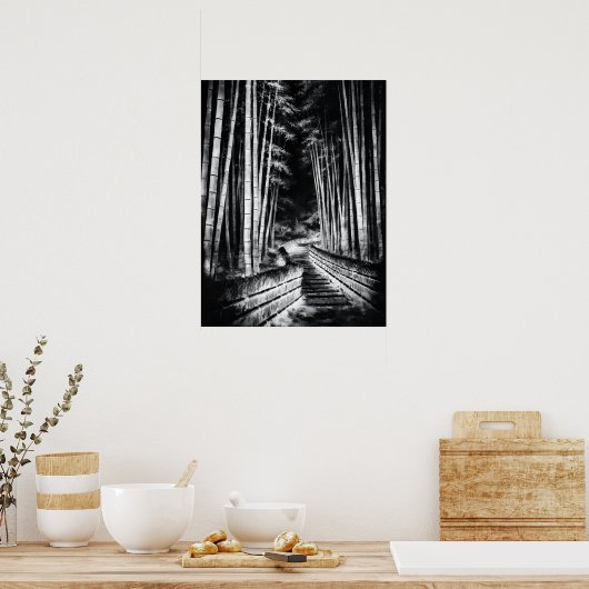 Bamboo Path at Night – Yin | Japanese Zen Wall Art ポスター (キッチン)
