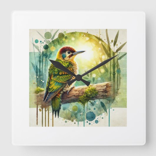 Bamboo woodpecker 110924AREF101 - Watercolor スクエア壁時計 (正面)