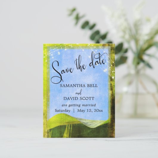 Banana 素朴 Leaf w/Lights Boho日付の保存 案内ポストカード (スタンド正面)