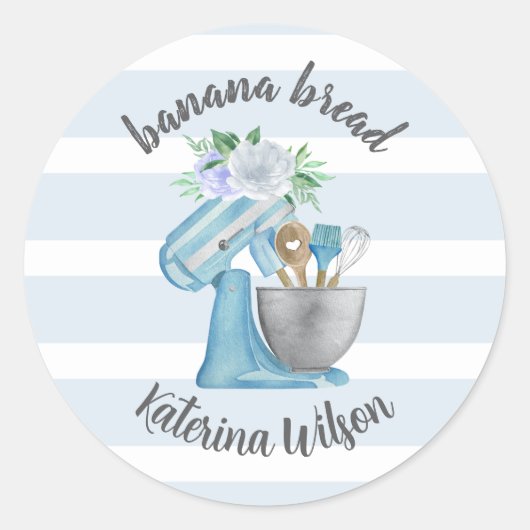 Banana Bread Label Blue Flower Mixer Small Bakery ラウンドシール (正面)