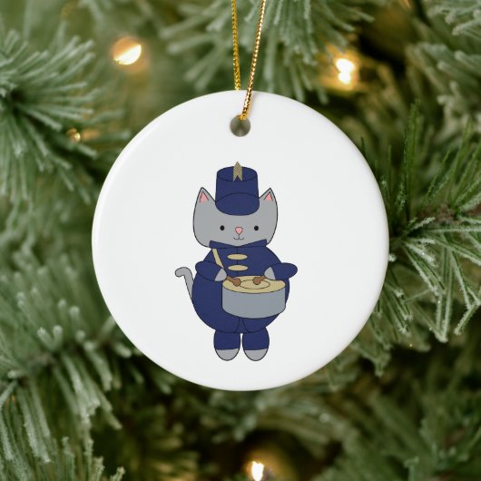 Band Drummer Cat Navy Blue Gold Personalize セラミックオーナメント (ツリー)