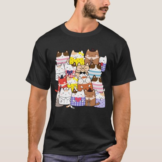 Band of cats hanging together cute kawaii manga fu tシャツ (正面)