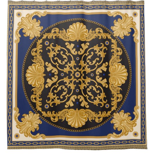 Bandana print on black and blue background, Gold c シャワーカーテン (正面)