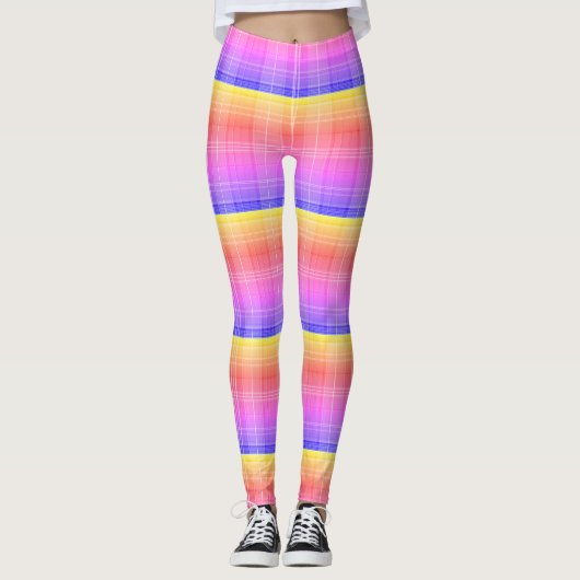 Banded Rainbow Gradient Neon Plaid レギンス (正面)