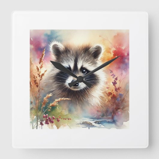 Bandit Racoon 080824AREF101 - Watercolor スクエア壁時計 (正面)