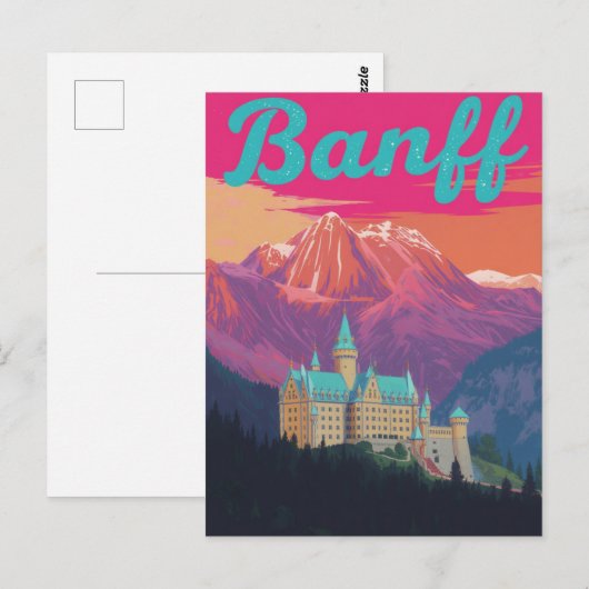 Banff Castle Mountains Retro Art ポストカード (正面/裏面)