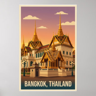 Bangkok Grand Palace Night Vintage Travel Poster ポスター