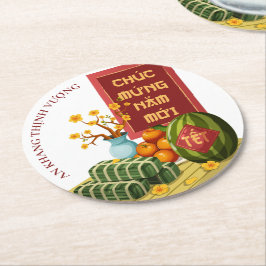 Banh Chung Watermelon & Hoa Mai Vietnamese Tet ラウンドペーパーコースター