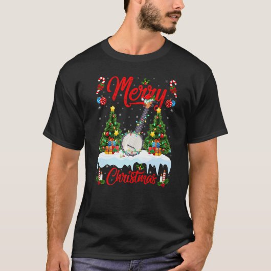 Banjo Music  Lights Xmas Tree Santa Banjo Christma Tシャツ (正面)