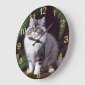 Banjo the Persian：ふわふわの灰色と白の喜び ラージ壁時計 (傾斜)