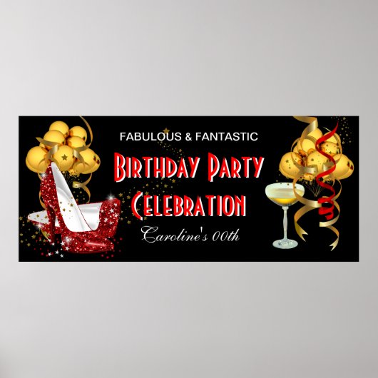 Banner Birthday Party Celebration Red Gold ポスター (正面)