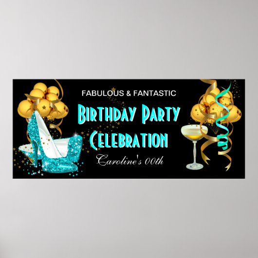Banner Birthday Party Celebration Teal Blue Gold ポスター (正面)
