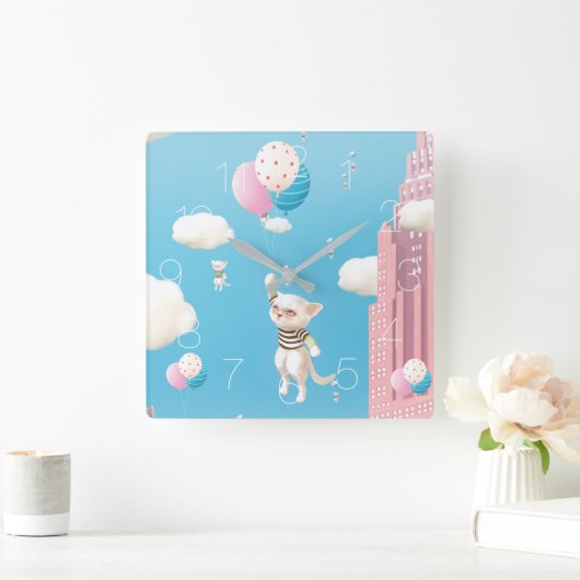Bao Bao: 空に向かう子猫たち 風船ファンタジー スクエア壁時計 (ホーム)