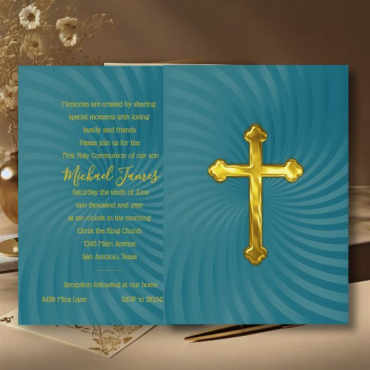 Baptism 1st Communion Confirmation Teal Gold 招待状