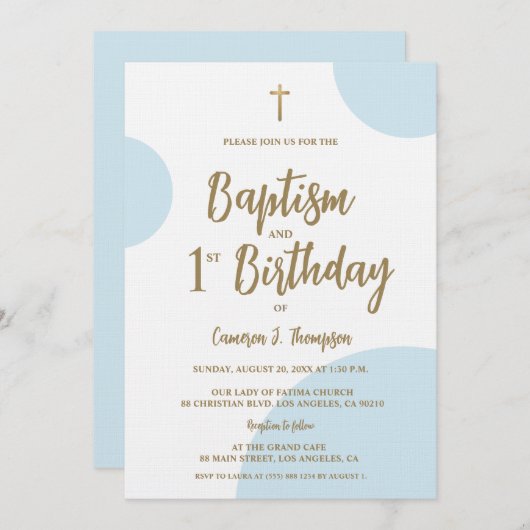 Baptism and First Birthday with Cross Blue Gold 招待状 (正面/裏面)