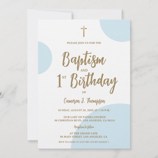 Baptism and First Birthday with Cross Blue Gold 招待状 (正面)