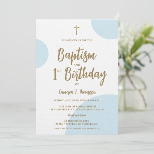 Baptism and First Birthday with Cross Blue Gold 招待状 (スタンド正面)