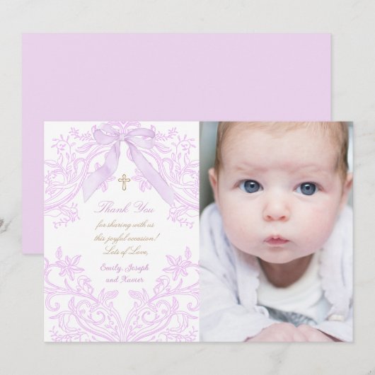 Baptism baby girl lilac design thank you card (正面/裏面)