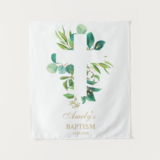 Baptism Backdrop - Greenery Eucalyptus Cross タペストリー (正面)