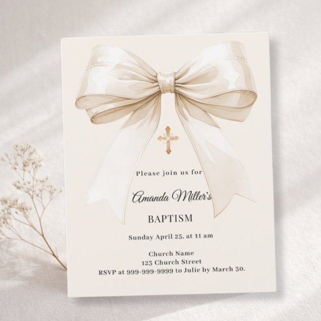 Baptism beige bow elegant invitation (クリエイターアップロード済み)