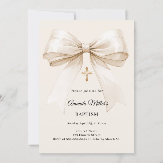 Baptism beige bow elegant neutral 招待状 (正面)
