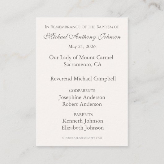 Baptism Blessed Mother & Child Remembrance 名刺 (裏面)