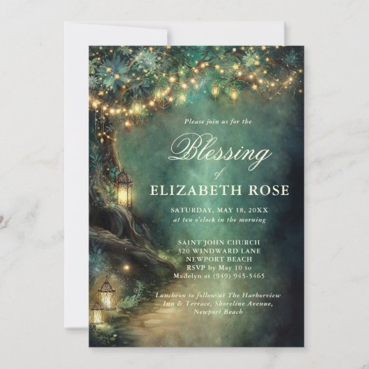 Baptism Blessing Enchanted Garden Forest Landerns 招待状 (正面)
