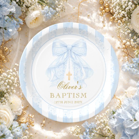Baptism Blue Bow Baby Boy ペーパープレート
