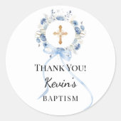 Baptism blue boy florals wreath cross thank you ラウンドシール (正面)