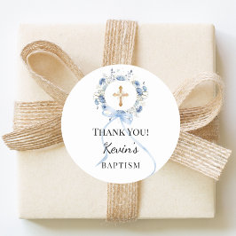 Baptism blue boy florals wreath cross thank you ラウンドシール