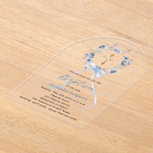 Baptism blue floral wreath boy bow arch アクリル招待状 (レイダウン)
