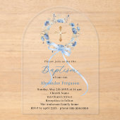 Baptism blue floral wreath boy bow arch アクリル招待状 (正面)